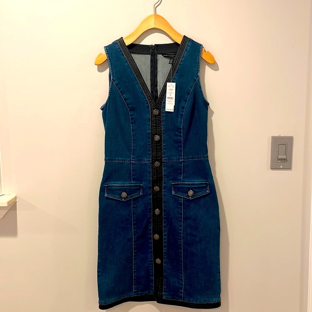 White House Black Market Denim Dress w/Faux Leather trim. Size 0. NWT